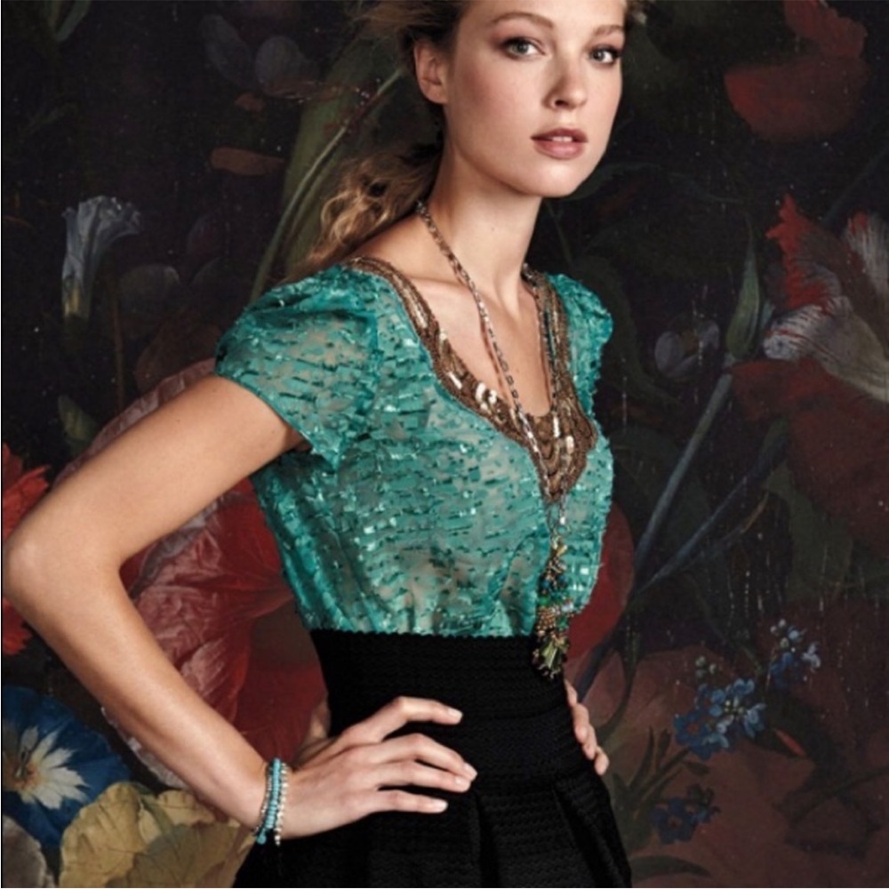 Anthropologie Sachin + Babi Carcanet Beaded Blouse Emerald Green Pleated Top HTF